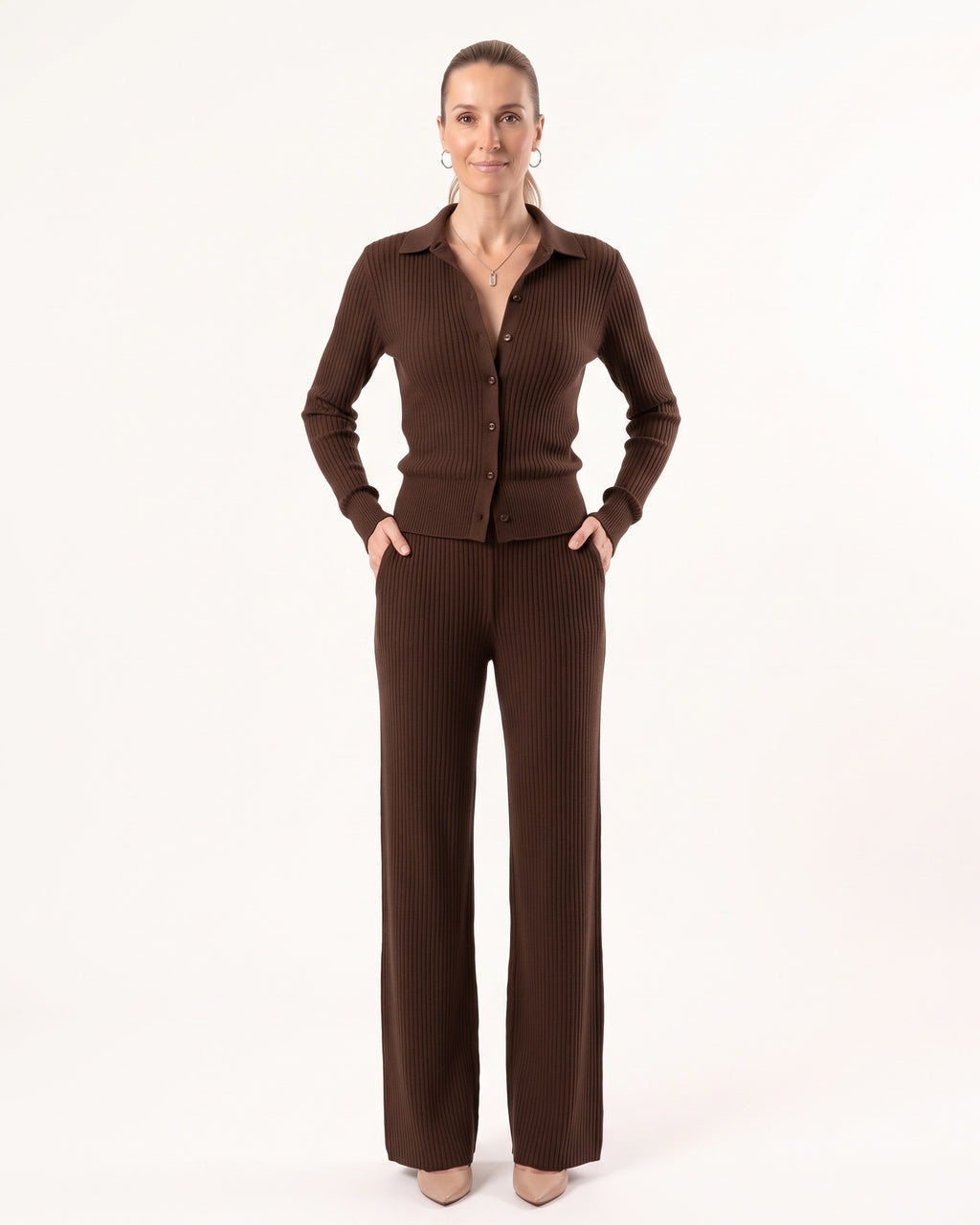 Dark brown ribbed knit set with collared button-up top and wide-leg pants
