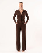 Dark brown ribbed knit set with collared button-up top and wide-leg pants