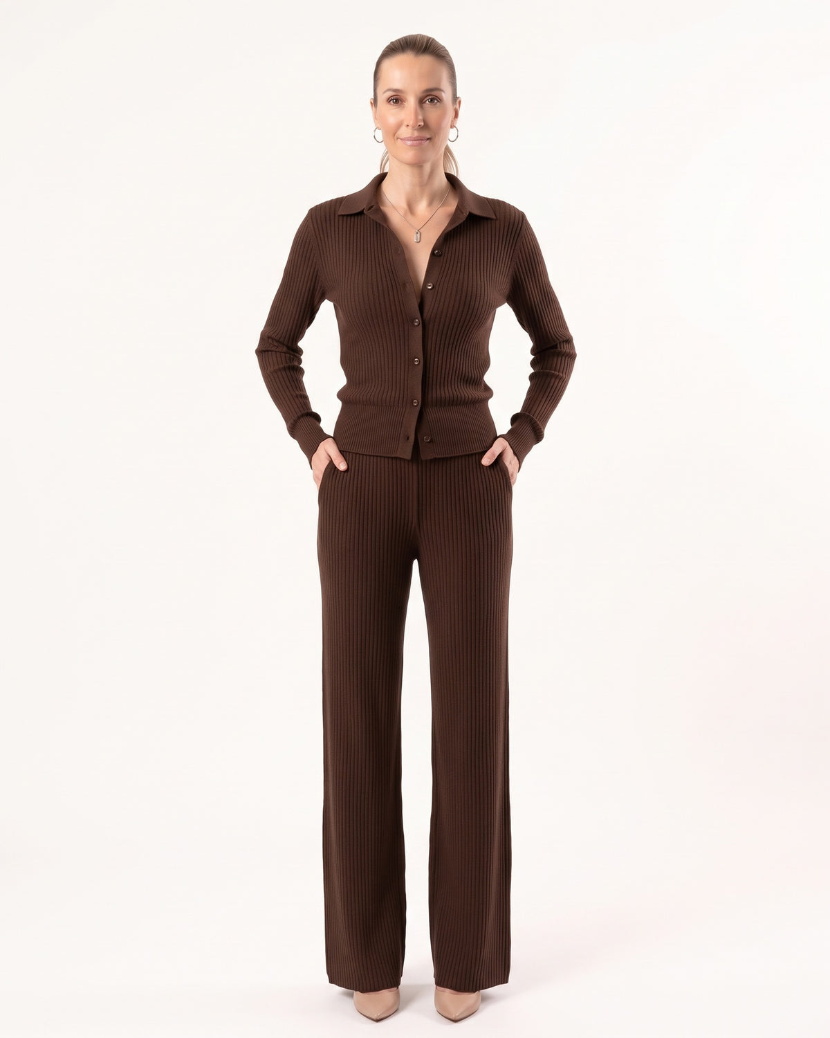 Dark brown ribbed knit set with collared button-up top and wide-leg pants