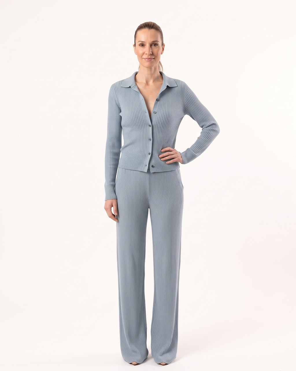 Light blue ribbed knit set with collared button-up top and flared wide-leg pants