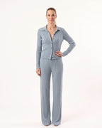 Light blue ribbed knit set with collared button-up top and flared wide-leg pants