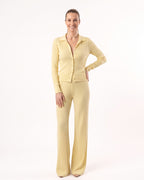 Women’s ribbed knit set with collared button-up top and wide-leg pants, light yellow
