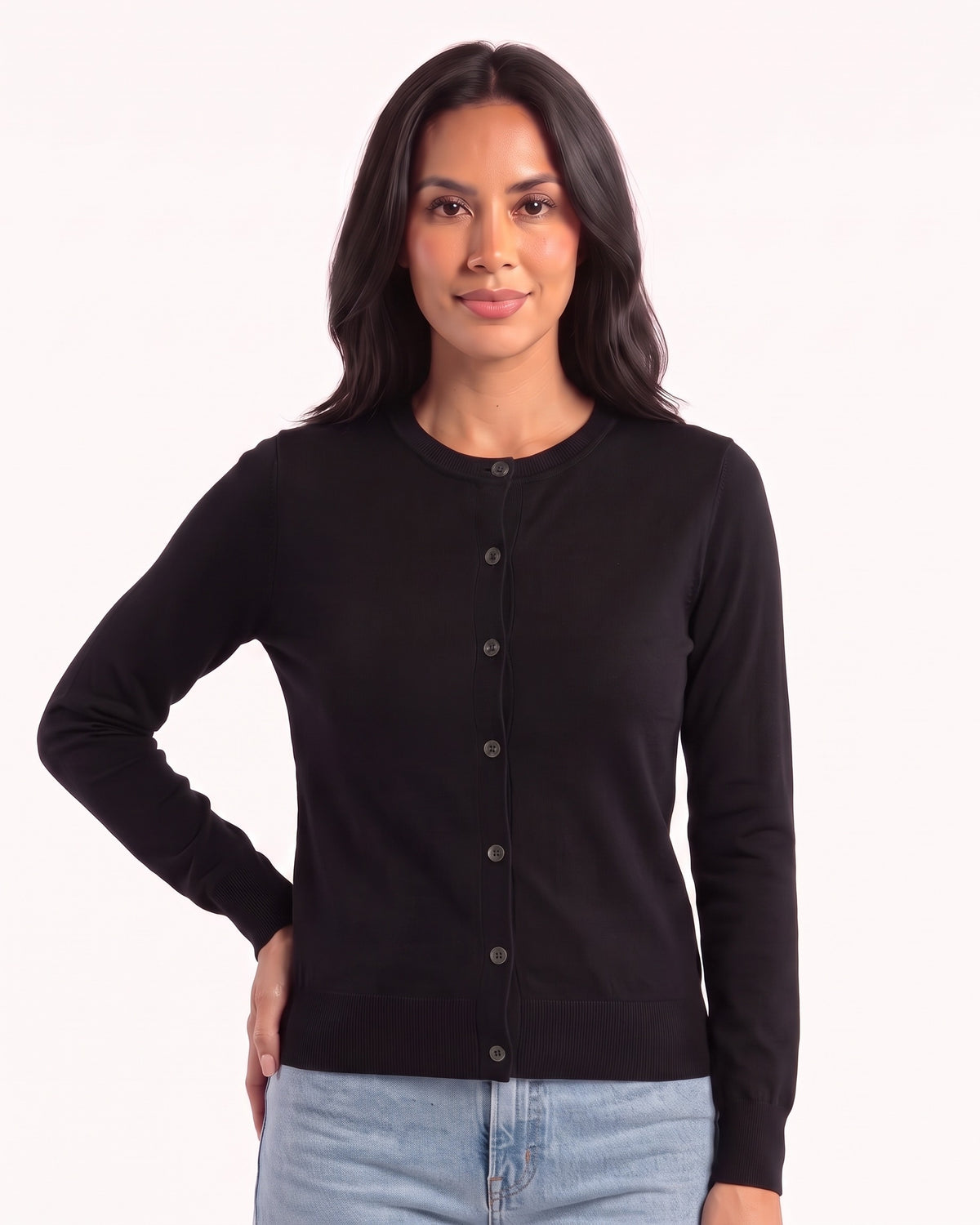 Black merino wool crew neck cardigan, fine-knit button front and long sleeves