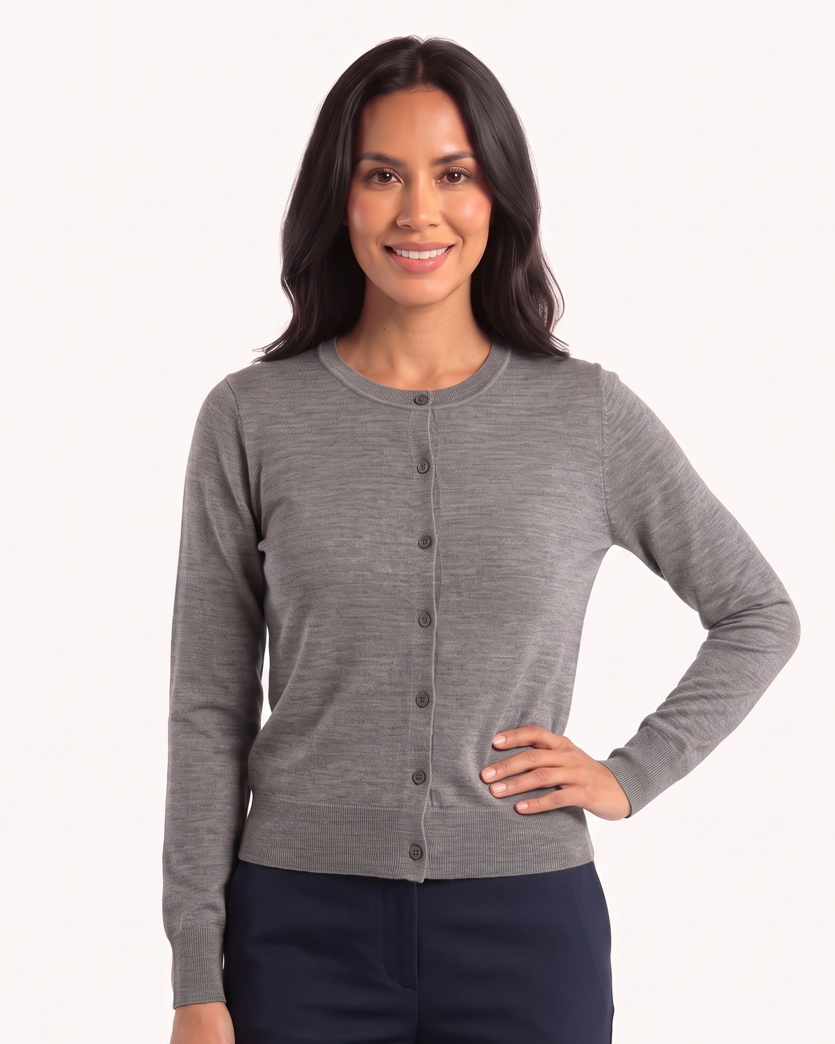 Gray merino wool crew neck cardigan, fine-knit button front long sleeves