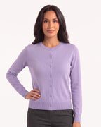 Light purple merino wool crew neck cardigan with fine-knit button front and long sleeves