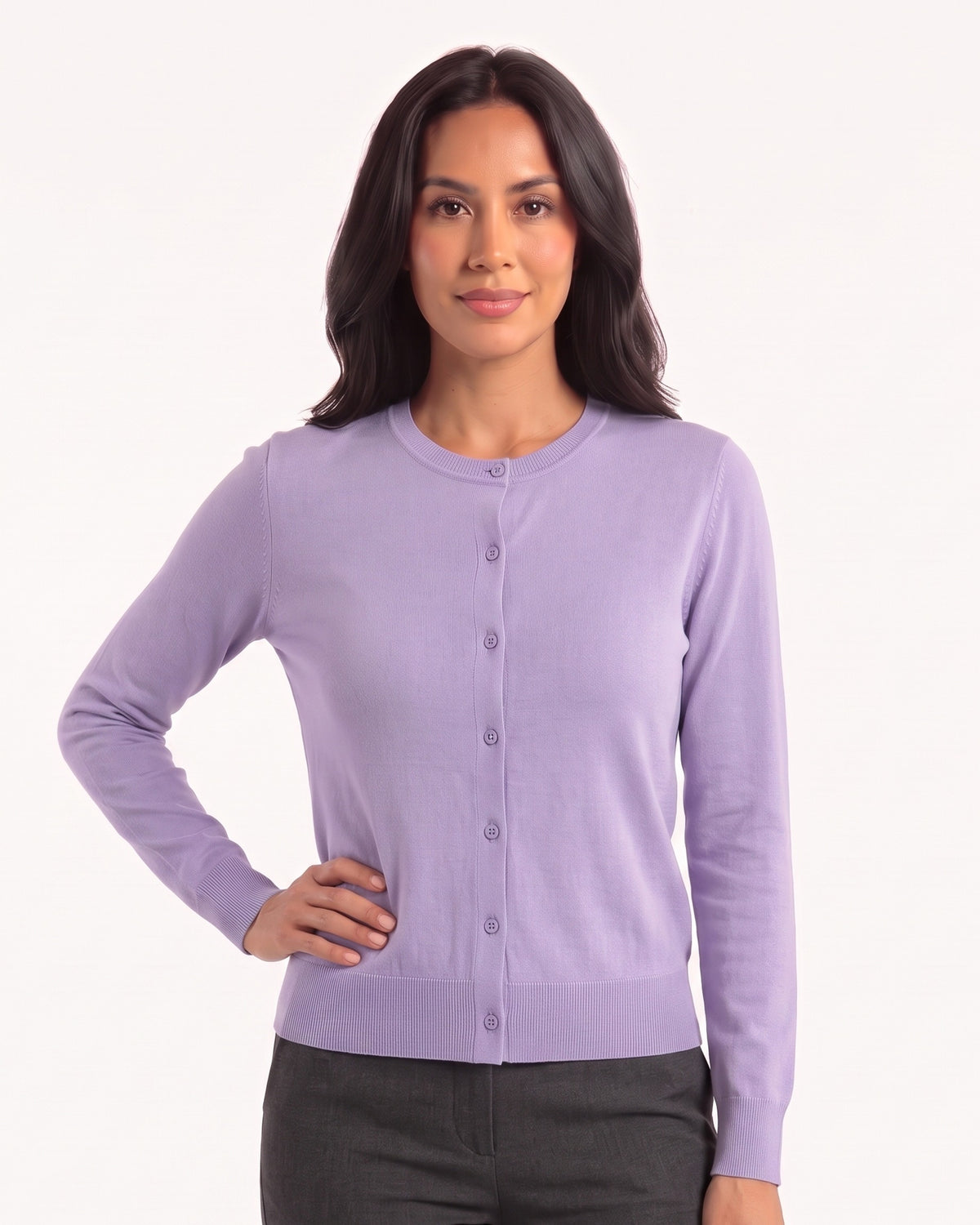 Light purple merino wool crew neck cardigan with fine-knit button front and long sleeves