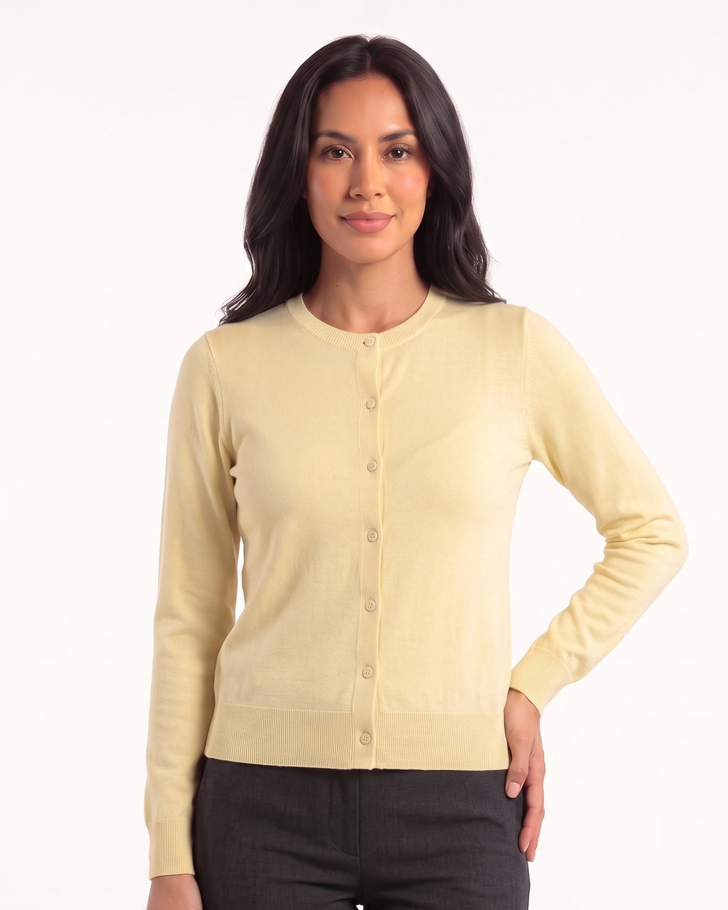 Light yellow merino wool crew neck cardigan, fine-knit button front with long sleeves