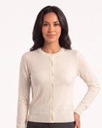 Women’s off-white crew-neck cardigan with button front, fine knit, long sleeves