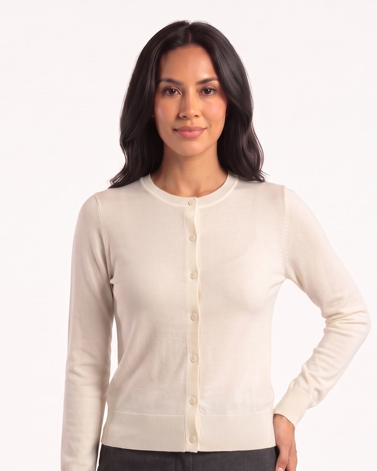 Women’s off-white crew-neck cardigan with button front, fine knit, long sleeves