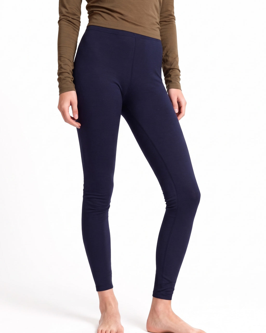 Women's navy merino wool thermal leggings, full-length with fitted stretch waistband.