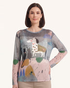 Sheer mesh long sleeve crew-neck tee with multicolor horse graphic