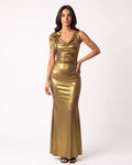 Gold metallic maxi dress with cowl neckline and draped bow shoulder straps