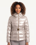 Silver metallic puffer jacket with hood, zip-front, and adjustable belted waist