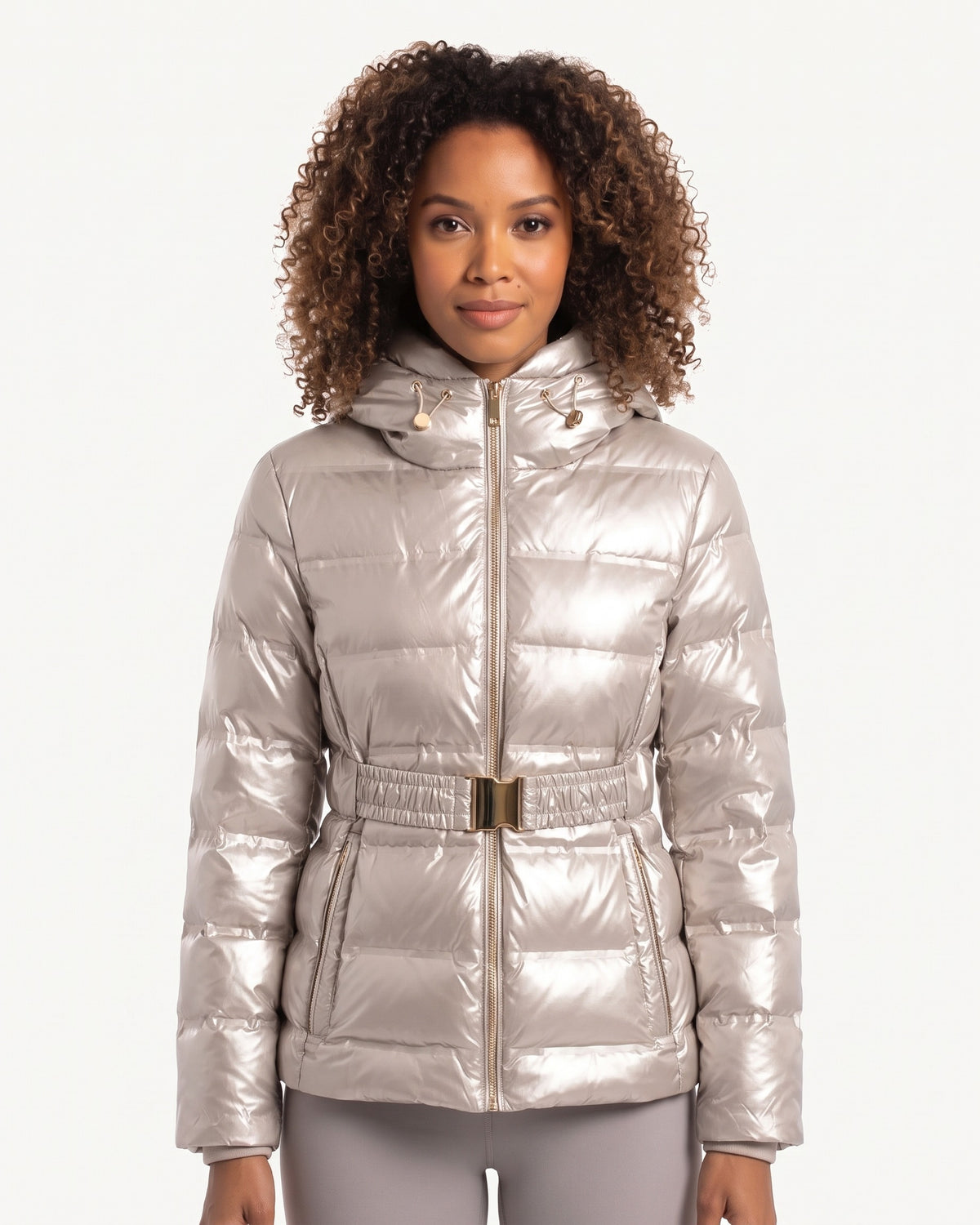Silver metallic puffer jacket with hood, zip-front, and adjustable belted waist