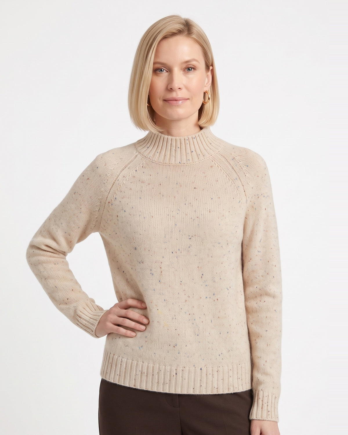 Women’s beige speckled mock neck sweater in knit with ribbed collar and cuffs