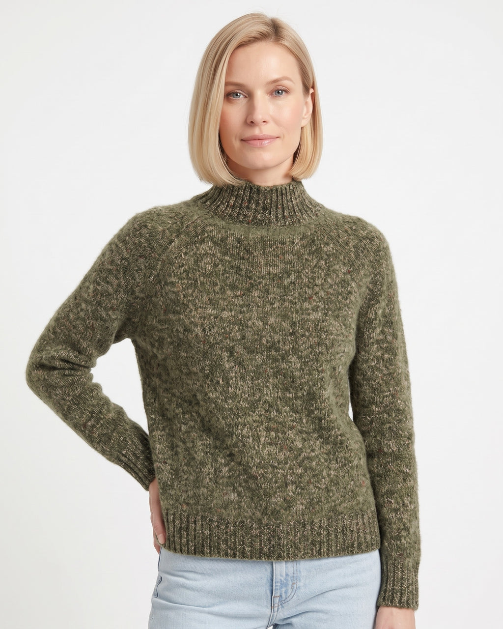 Women’s dark green speckled mock neck sweater in knit, long sleeves, ribbed hem