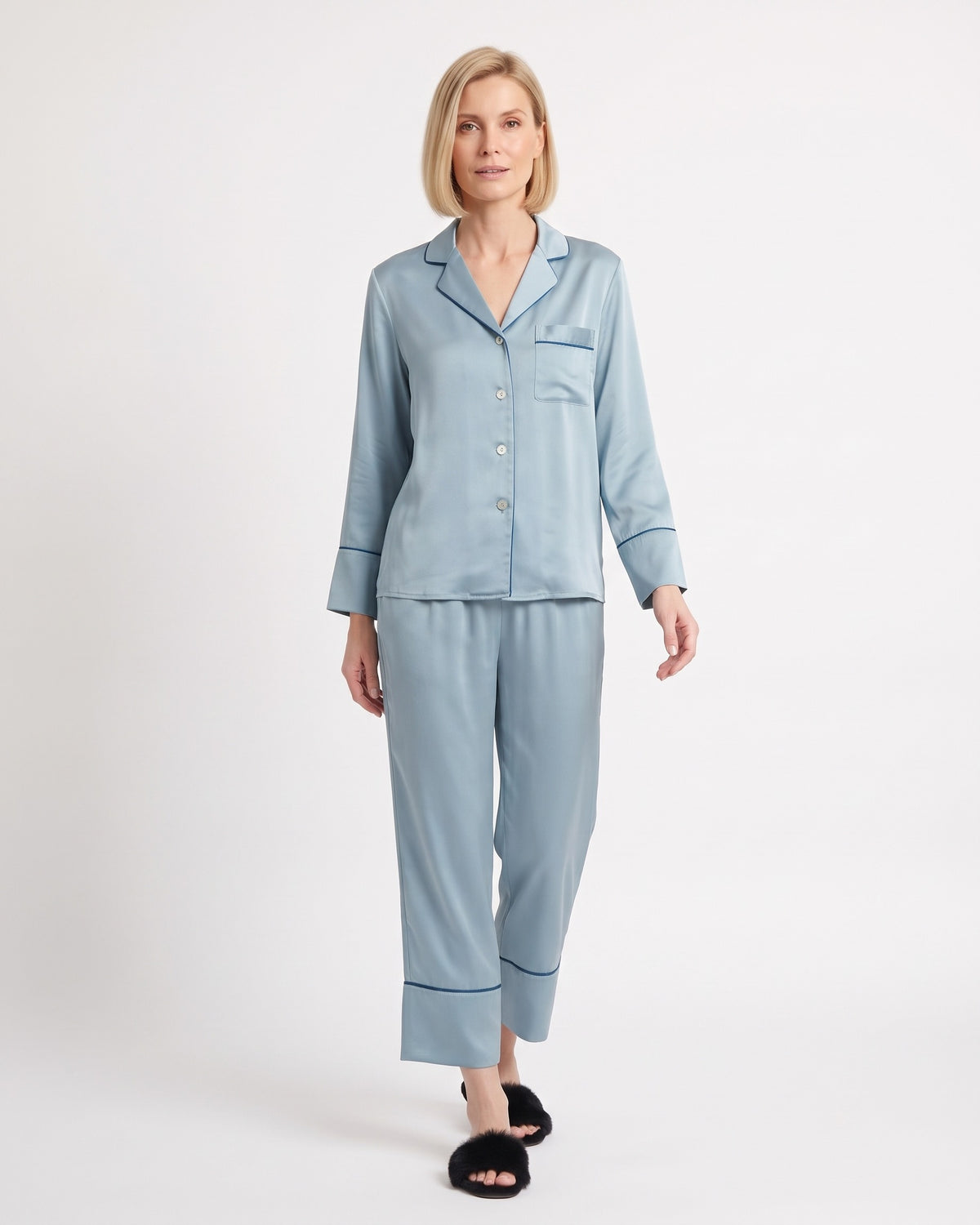 Light blue silk pajama set with piped notch collar top and cropped wide-leg pants
