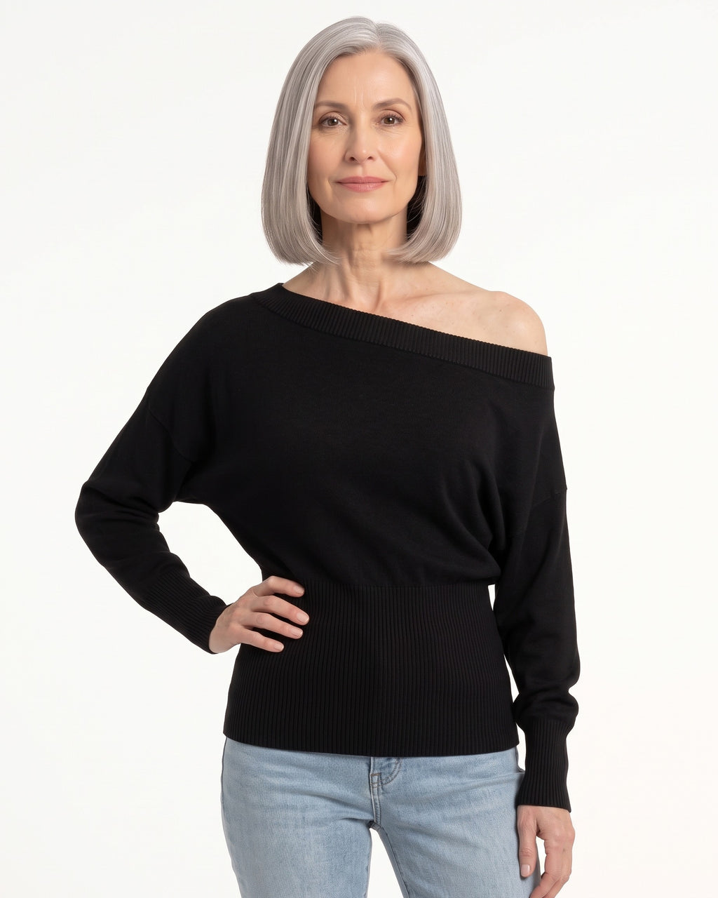 Black off-shoulder cropped knit sweater with long batwing sleeves and ribbed waist detail
