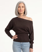 Brown off-shoulder cropped knit sweater with long batwing sleeves and ribbed waist detail