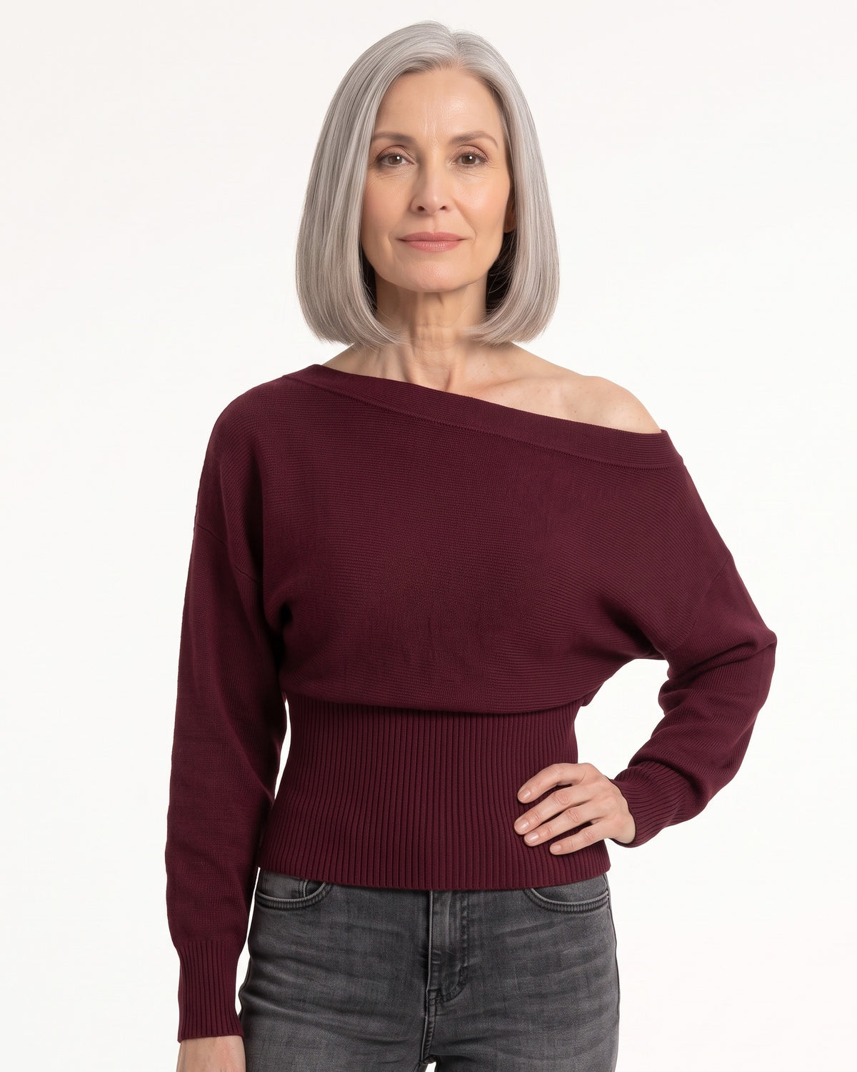 Burgundy off-shoulder cropped knit sweater with long batwing sleeves and ribbed waist detail