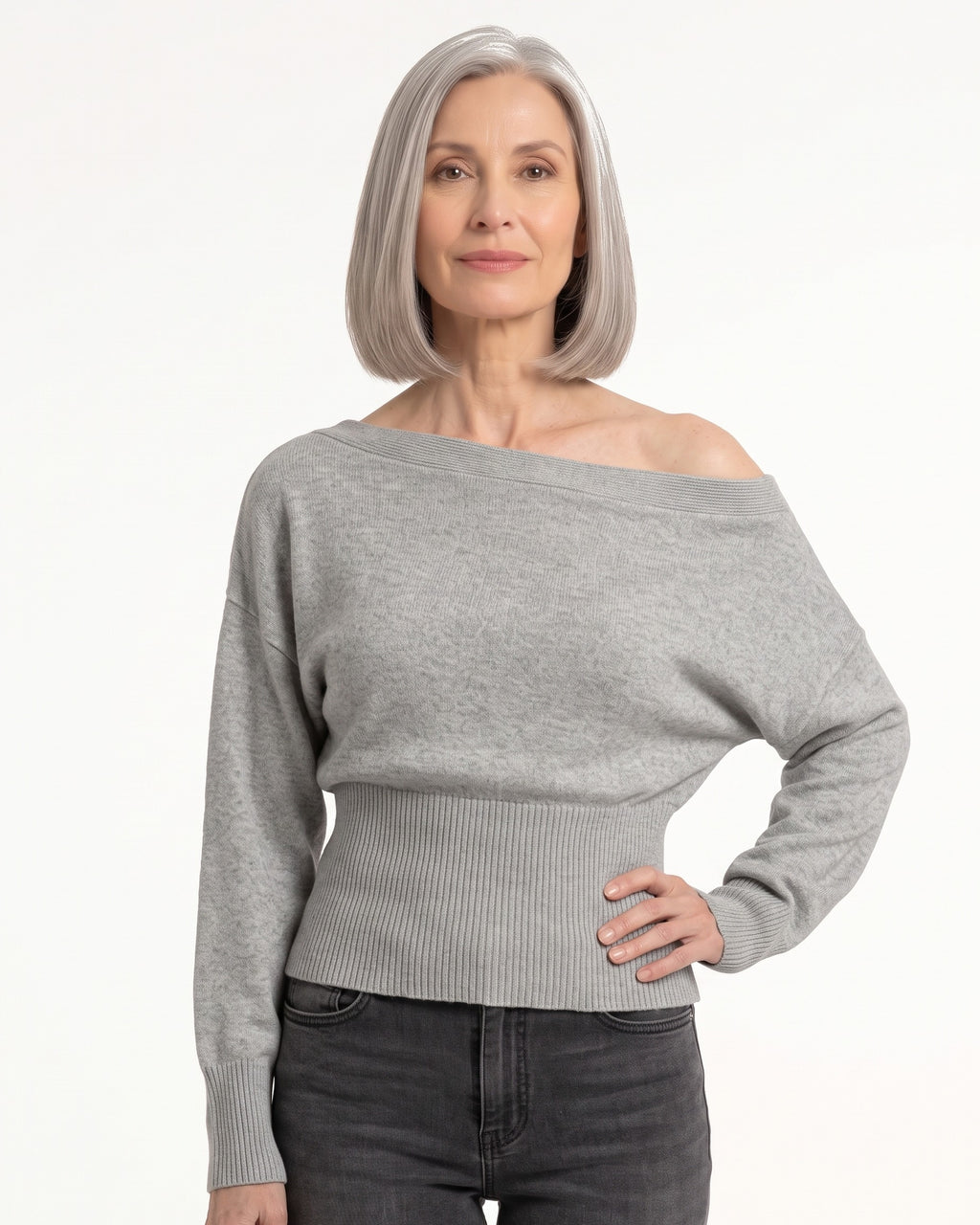 Gray off-shoulder cropped knit sweater with long batwing sleeves and ribbed waist detail