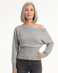Gray off-shoulder cropped knit sweater with long batwing sleeves and ribbed waist detail