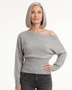 Gray off-shoulder cropped knit sweater with long batwing sleeves and ribbed waist detail