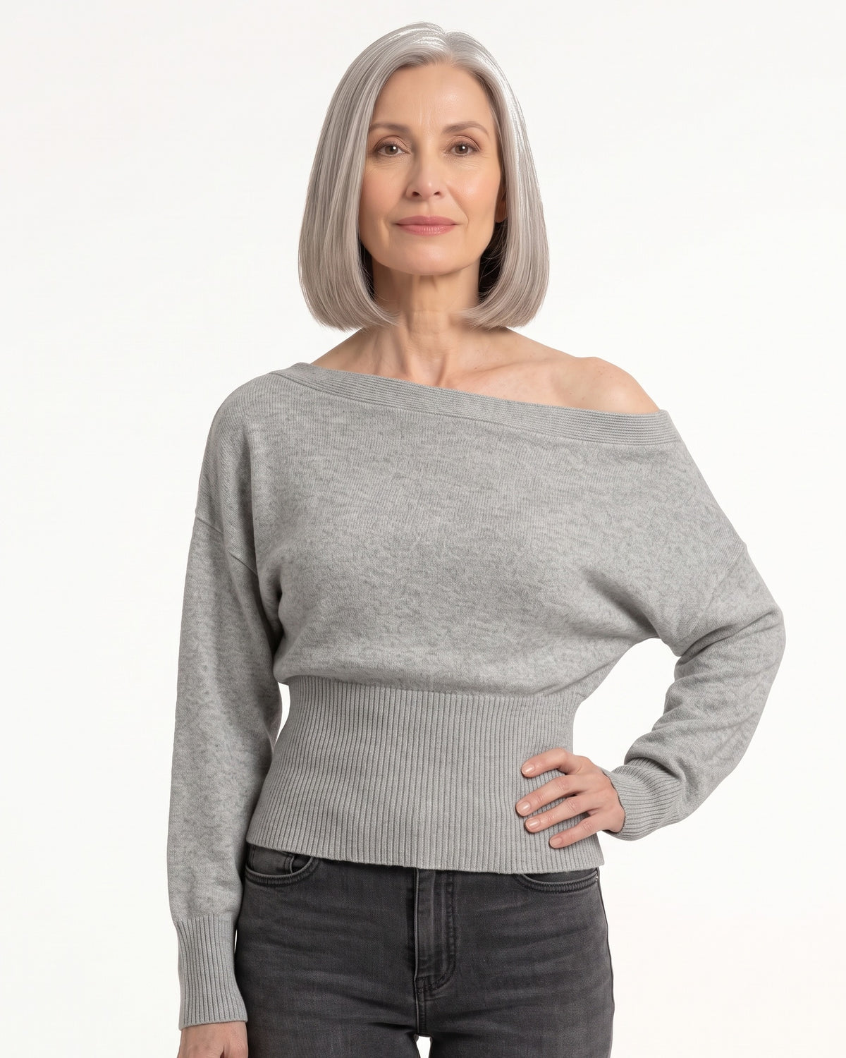 Gray off-shoulder cropped knit sweater with long batwing sleeves and ribbed waist detail