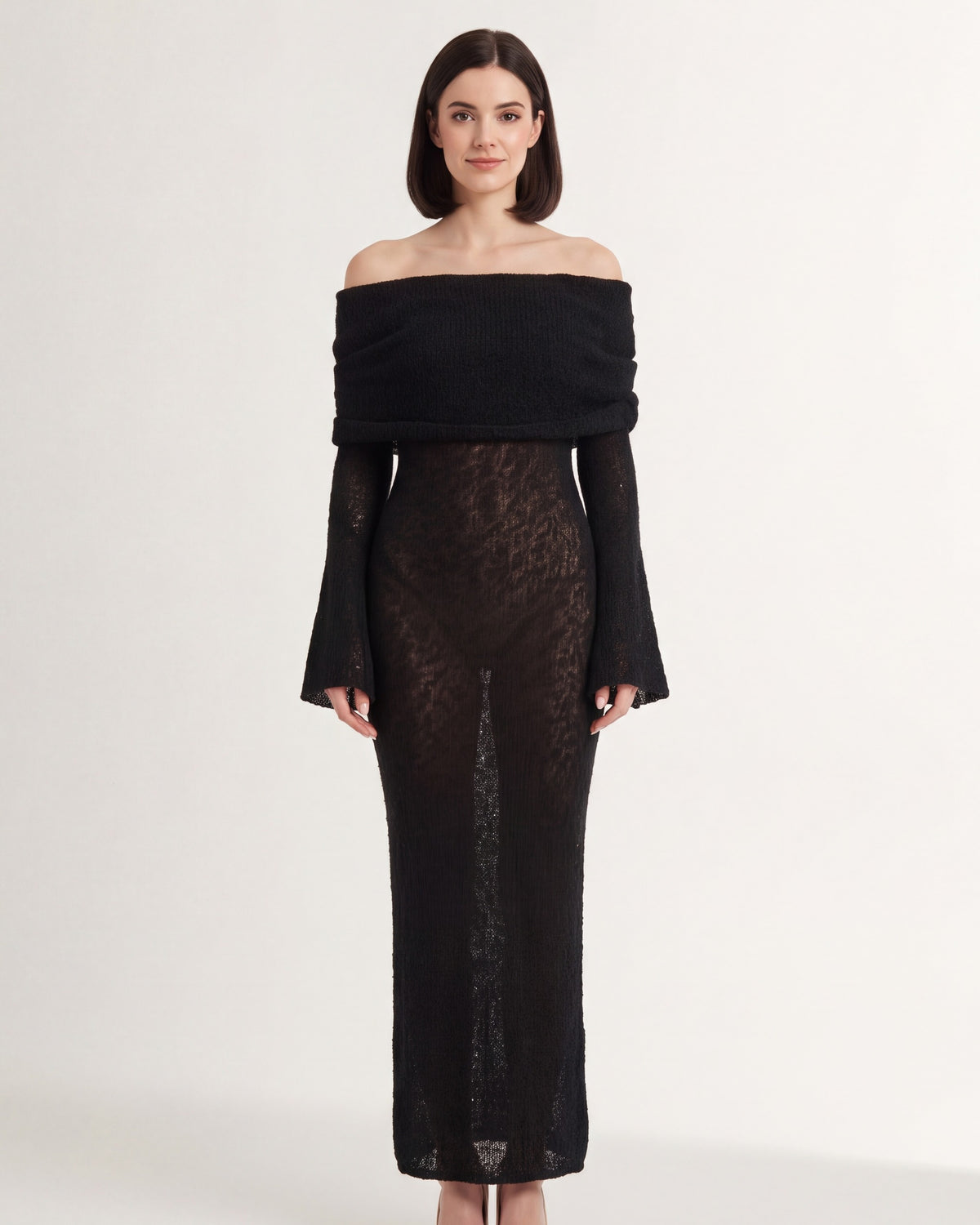 Off Shoulder Sweater Maxi Dress — Long Sleeve Column Silhouette in Soft Knit in Black — studio model photo [ai-studio]