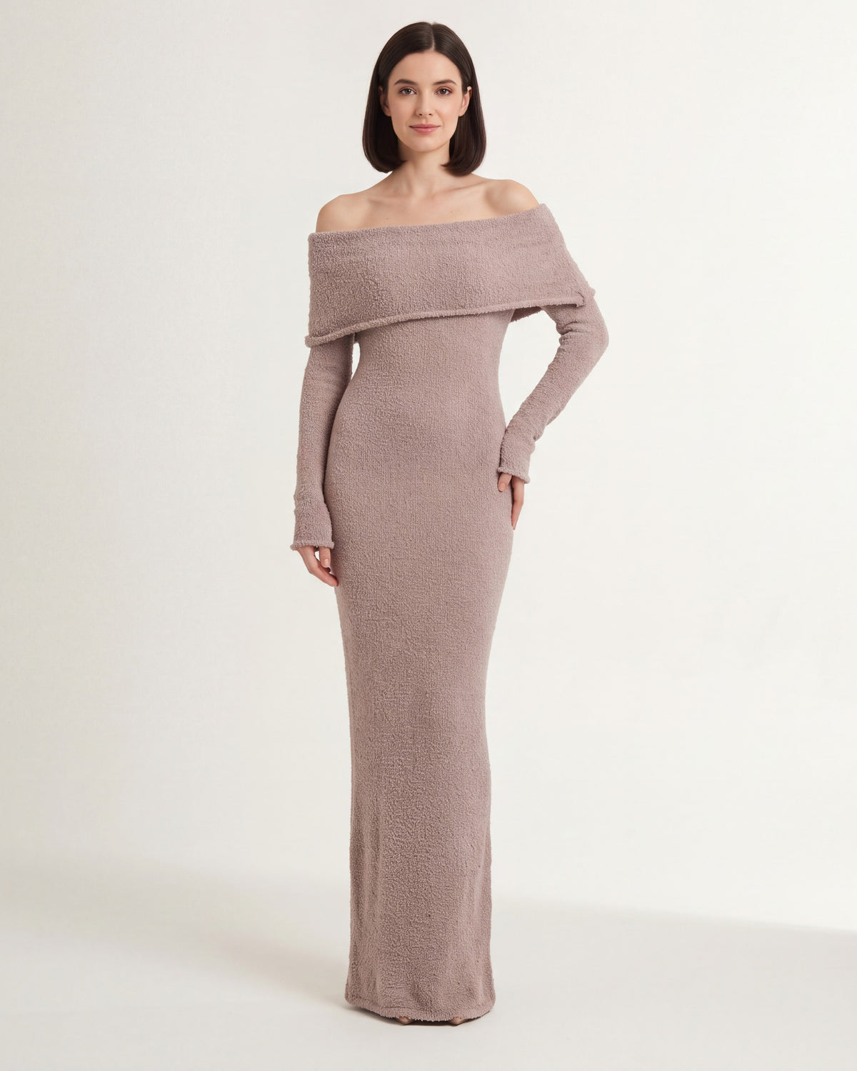 Off Shoulder Sweater Maxi Dress — Long Sleeve Column Silhouette in Soft Knit in Khaki — studio model photo [ai-studio]