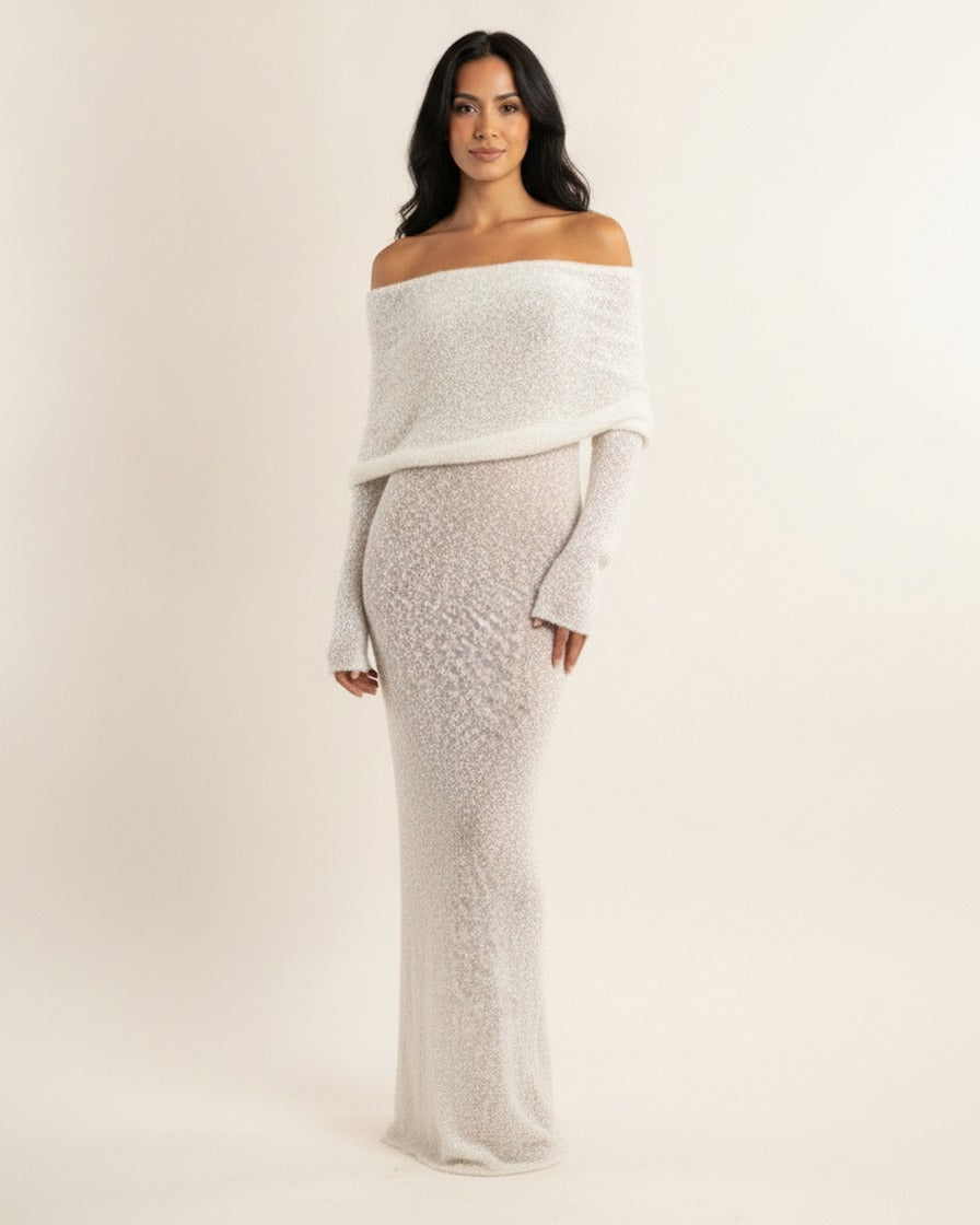 Off Shoulder Sweater Maxi Dress — Long Sleeve Column Silhouette in Soft Knit in White — studio model photo [ai-studio]