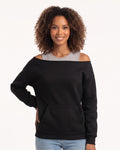 Black off-shoulder fleece sweatshirt with kangaroo pocket, long sleeves.