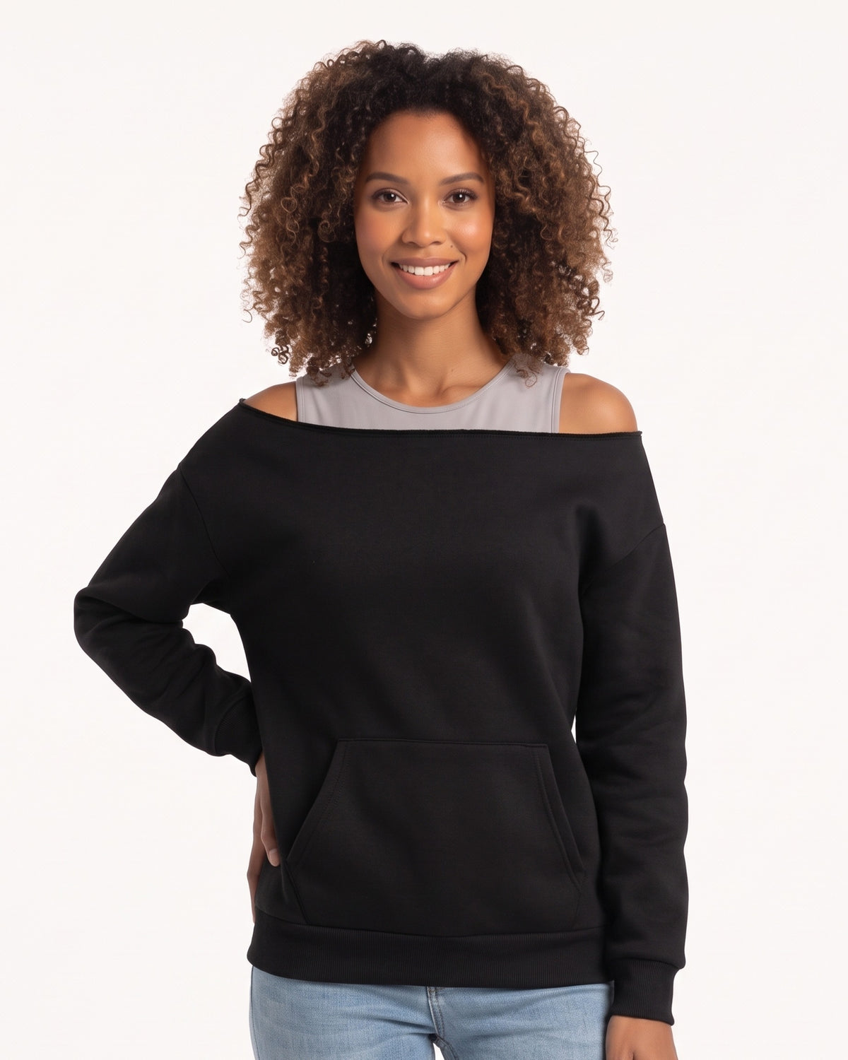 Black off-shoulder fleece sweatshirt with kangaroo pocket, long sleeves.