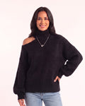 Women’s off-shoulder turtleneck sweater, oversized fuzzy knit with balloon sleeves, black.
