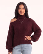 Women’s off-shoulder turtleneck sweater, oversized fuzzy knit with balloon sleeves, burgundy.