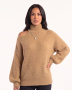 Women’s off-shoulder turtleneck sweater, oversized fuzzy knit with balloon sleeves, camel.