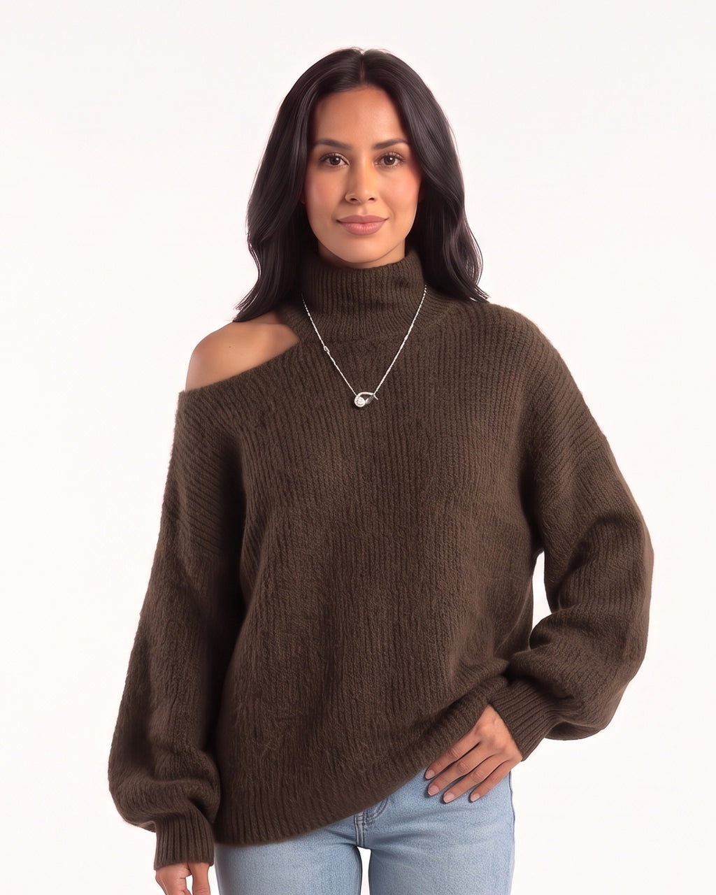 Women’s off-shoulder turtleneck sweater, oversized fuzzy knit with balloon sleeves, dark brown.