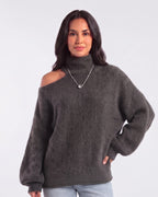 Women’s off-shoulder turtleneck sweater, oversized fuzzy knit with balloon sleeves, dark gray.