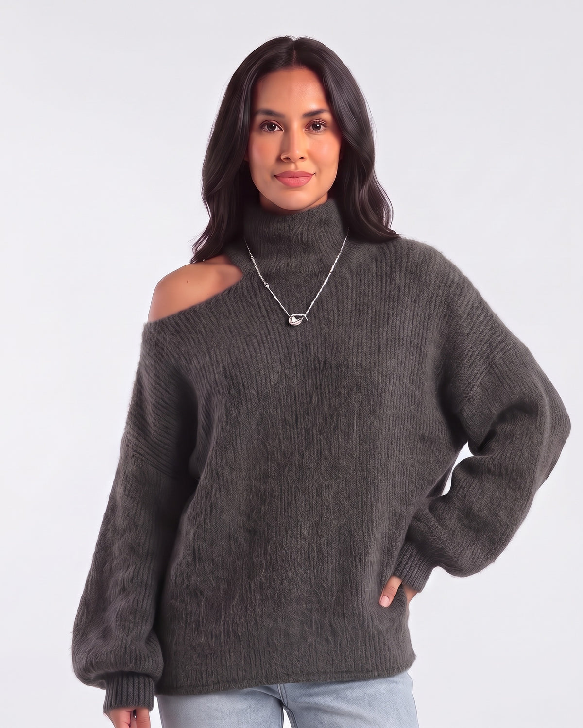 Women’s off-shoulder turtleneck sweater, oversized fuzzy knit with balloon sleeves, dark gray.