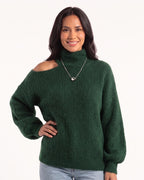 Women’s off-shoulder turtleneck sweater, oversized fuzzy knit with balloon sleeves, dark green.