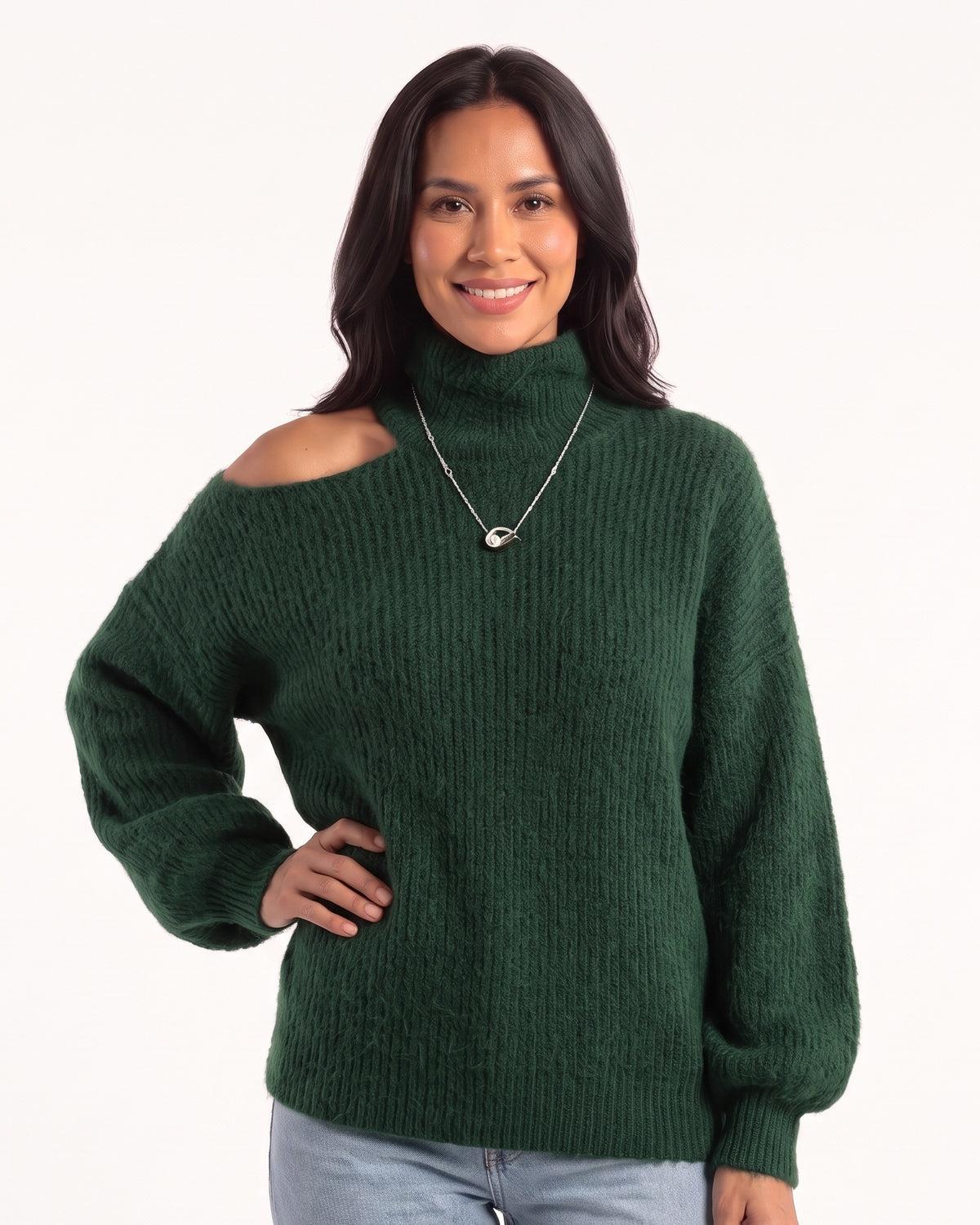 Women’s off-shoulder turtleneck sweater, oversized fuzzy knit with balloon sleeves, dark green.