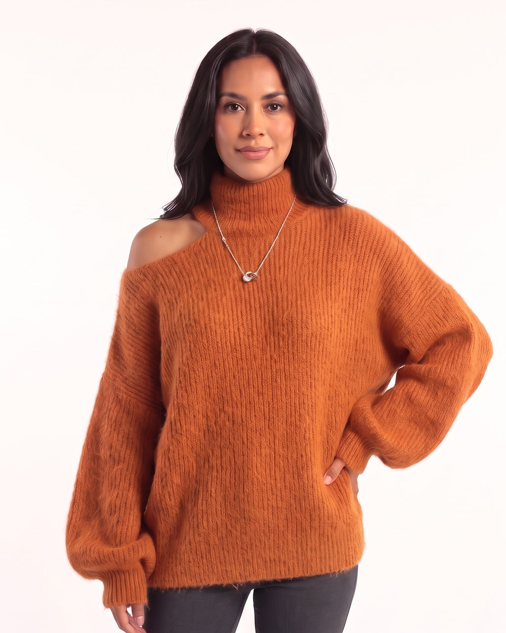 Women’s off-shoulder turtleneck sweater, oversized fuzzy knit with balloon sleeves, orange.