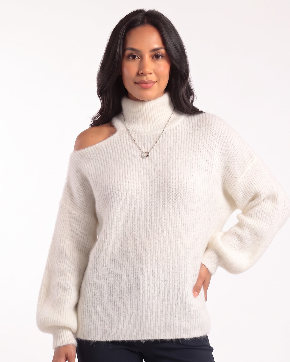 Women’s off-shoulder turtleneck sweater, oversized fuzzy knit with balloon sleeves, white.