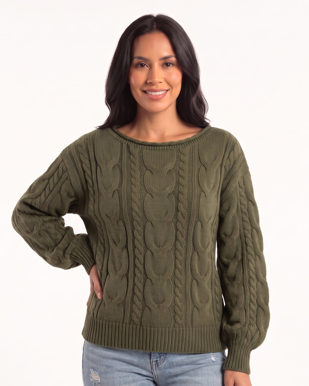 Olive cable-knit pullover with balloon sleeves and ribbed hem