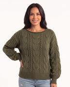 Olive cable-knit pullover with balloon sleeves and ribbed hem