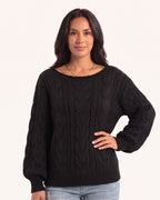 Black cable-knit pullover with a wide neckline and ribbed hem