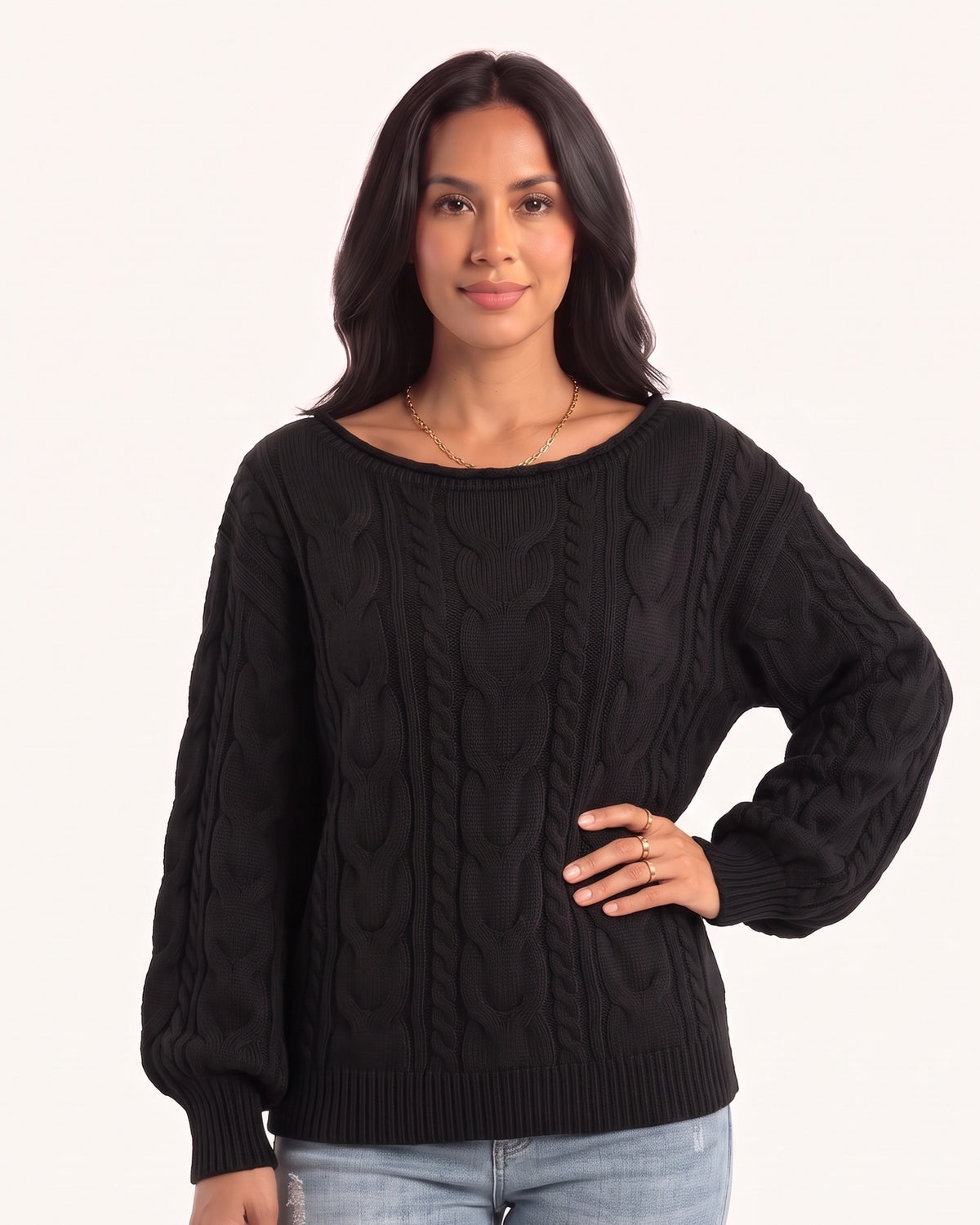 Black cable-knit pullover with a wide neckline and ribbed hem