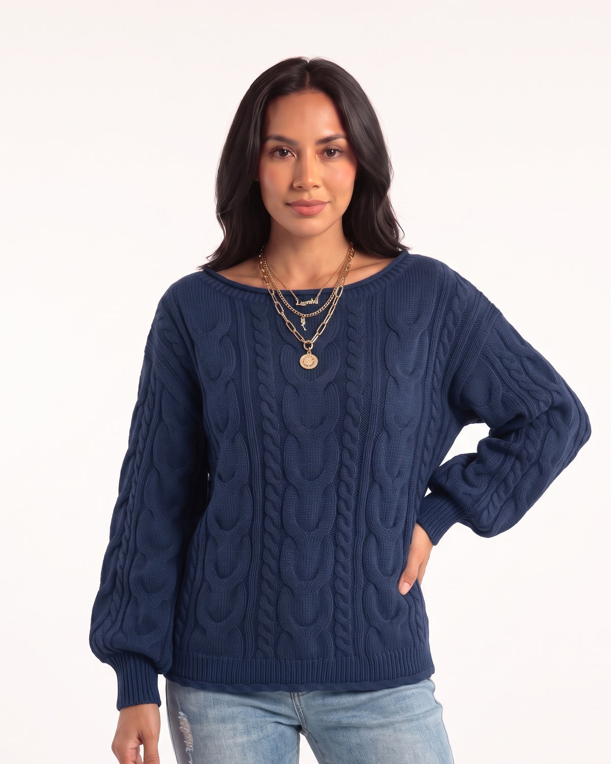 Navy cable-knit pullover with a wide neckline and ribbed hem