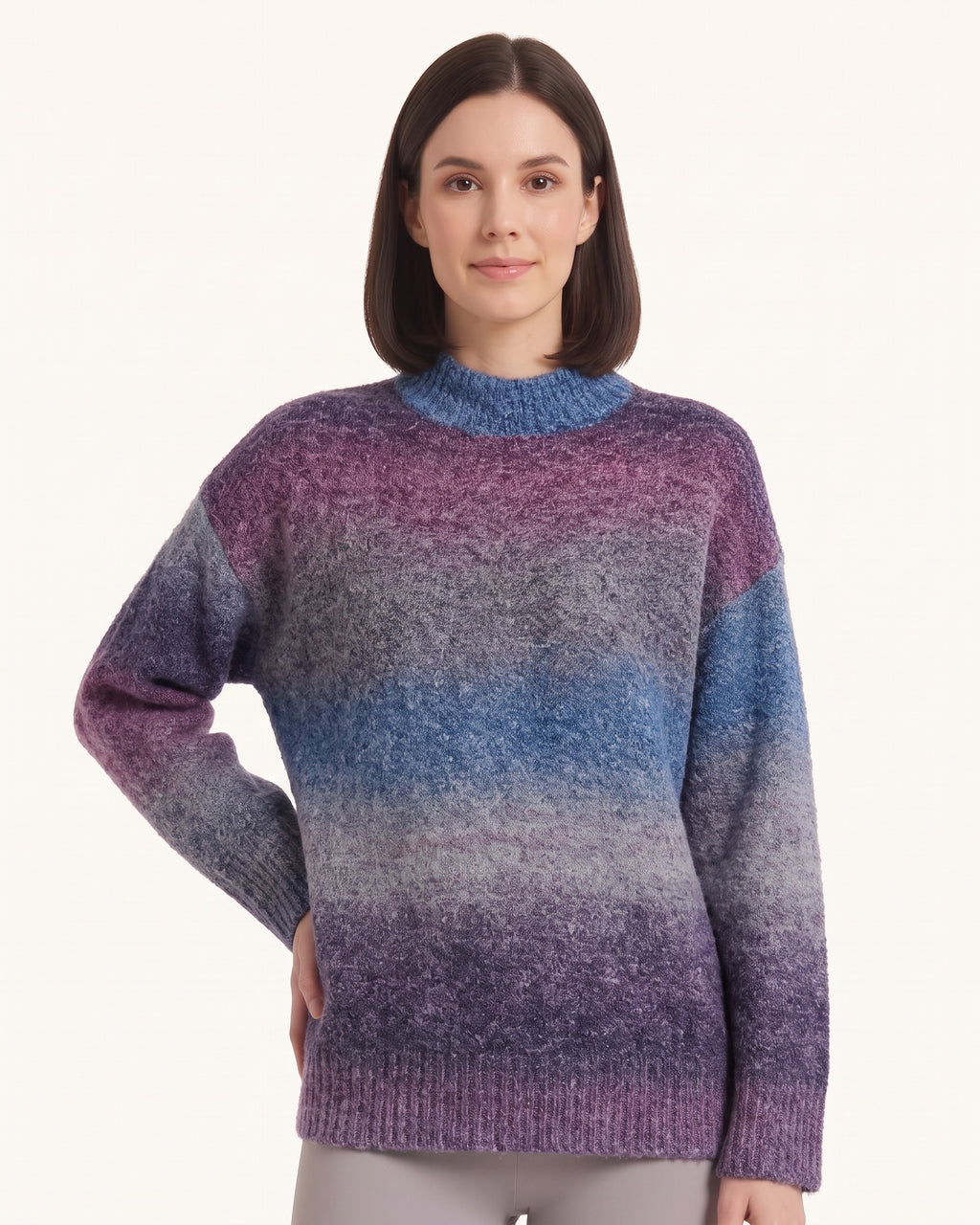 Women’s oversized mock neck gradient knit sweater, purple-to-blue ombre, front view.