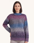 Women’s oversized mock neck gradient knit sweater, purple-to-blue ombre, front view.